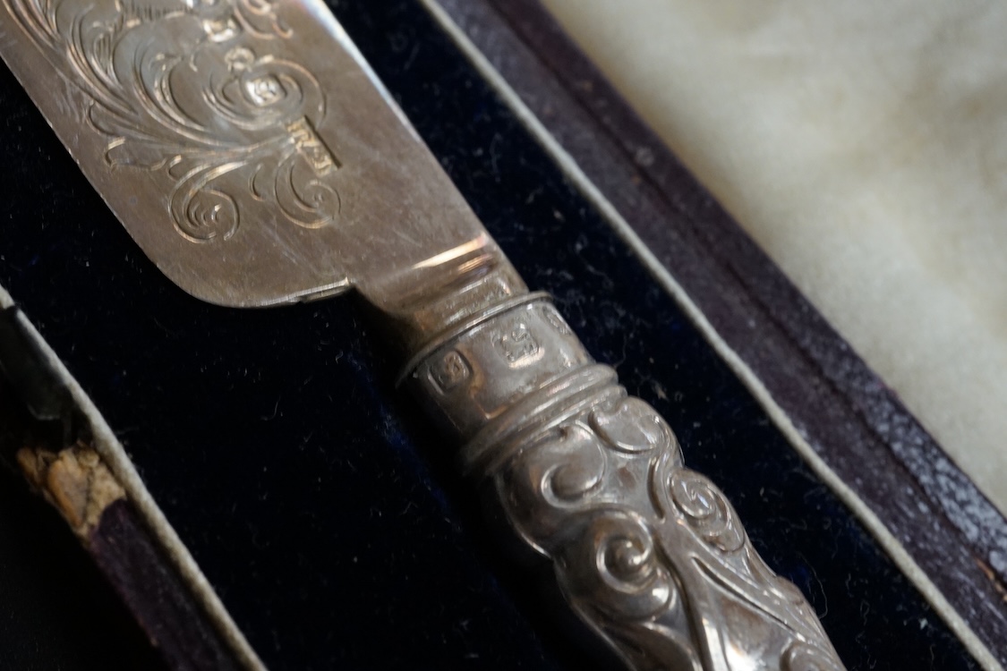 A cased set of twelve Edwardian silver apostle teaspoons with a pair of sugar tongs, Cooper Brothers & Sons, Sheffield, together with a cased Victorian silver bread knife and a cased set of six silver handled steel tea k